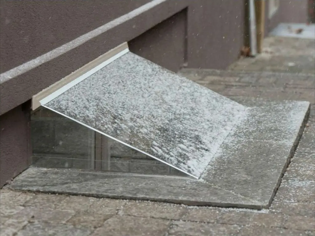 A transparent cover on a basement window