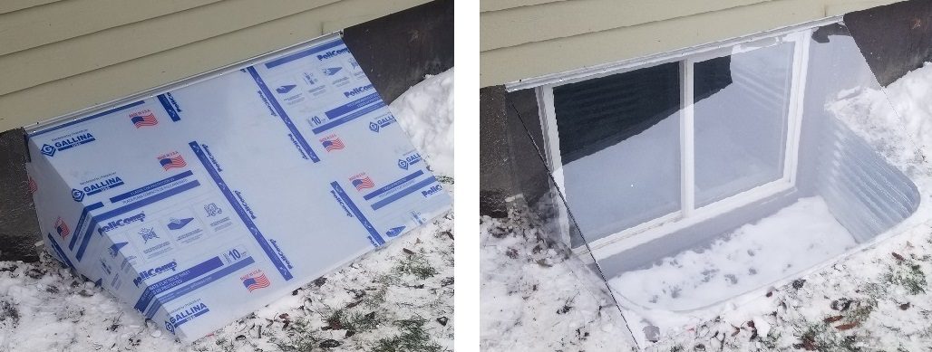 Before and after installation of a clear 3 mm polycarbonate window well cover in winter conditions